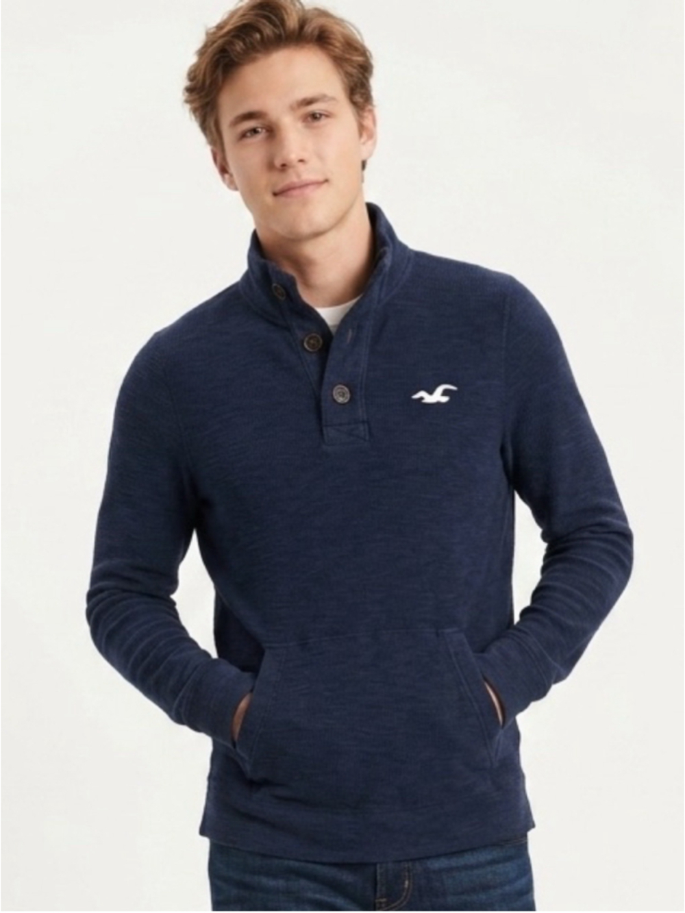 Men's Hollister Co. Navy Blue 3-Button Mock Neck Pullover Swer Size L - 658